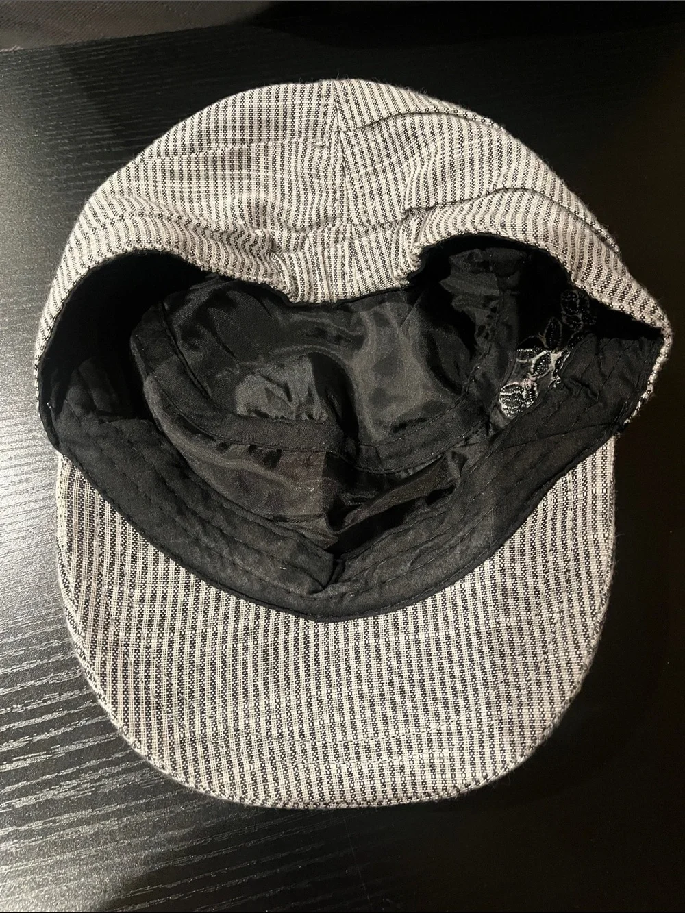 Striped Grey Newsboy Cap with Black Floral Embroidery